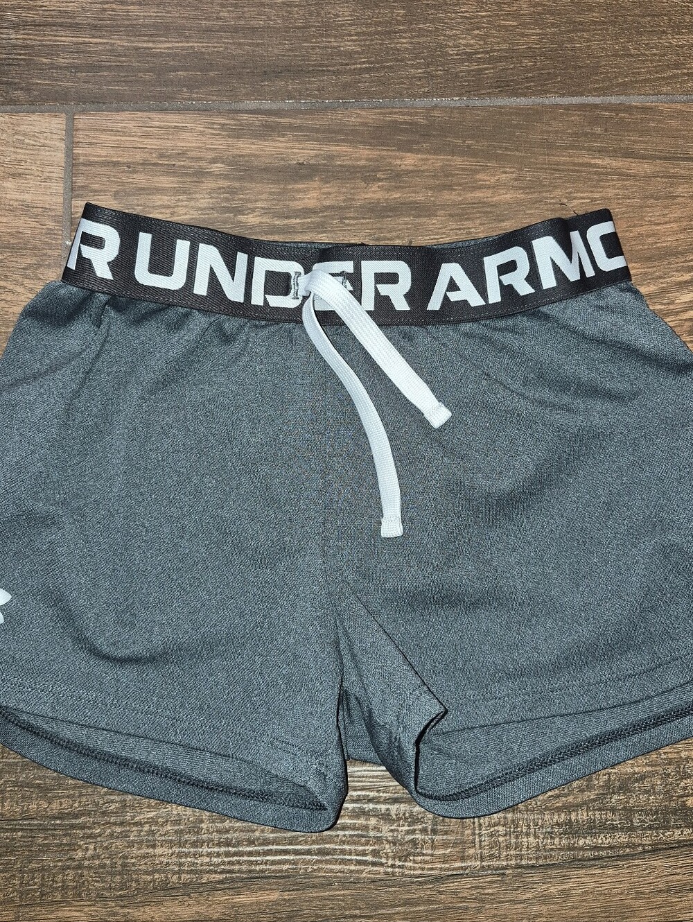 Under Armour Women's Dark Gray Athletic Shorts with Black Logo Waistband